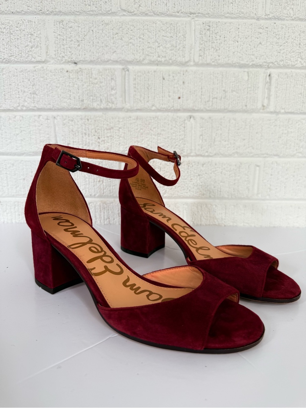 Sam Edelman Burgundy Suede Ankle Strap Block Heels